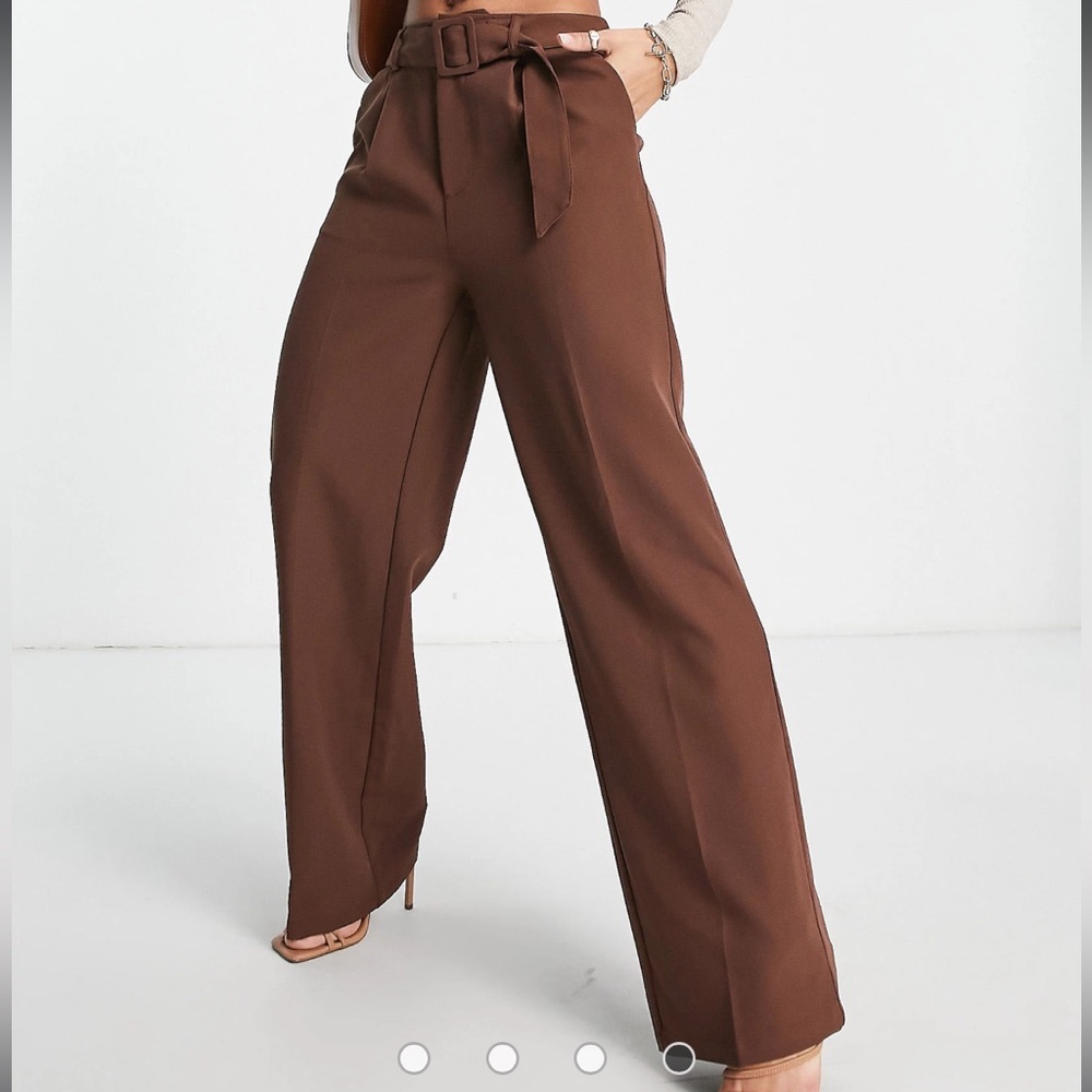 Vila tailored suit wide leg pants with belt in chocolate brown
